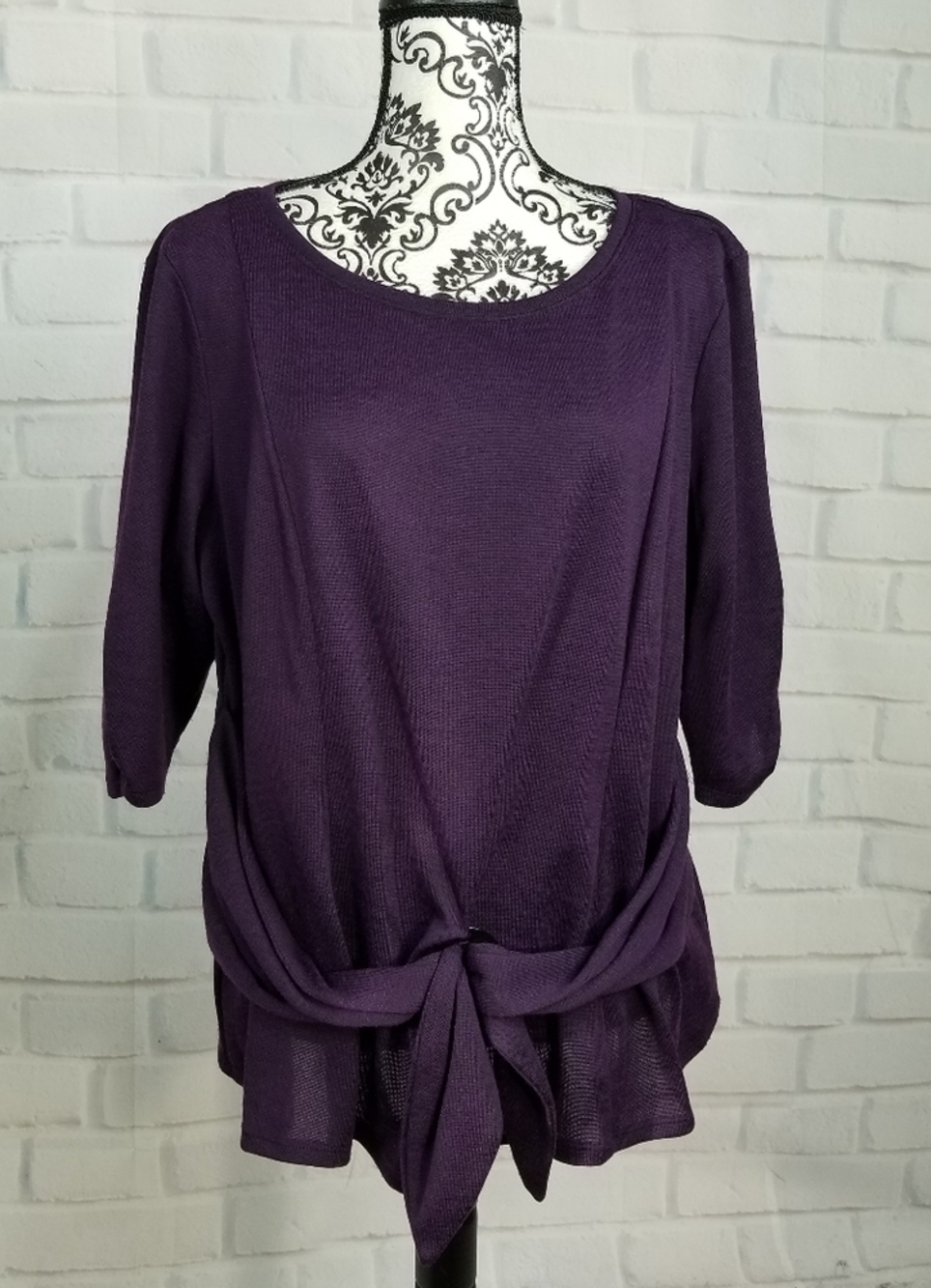 Perceptions women's 3/4 sleeves stretch knit plus sz 18w popover top faux tie b6